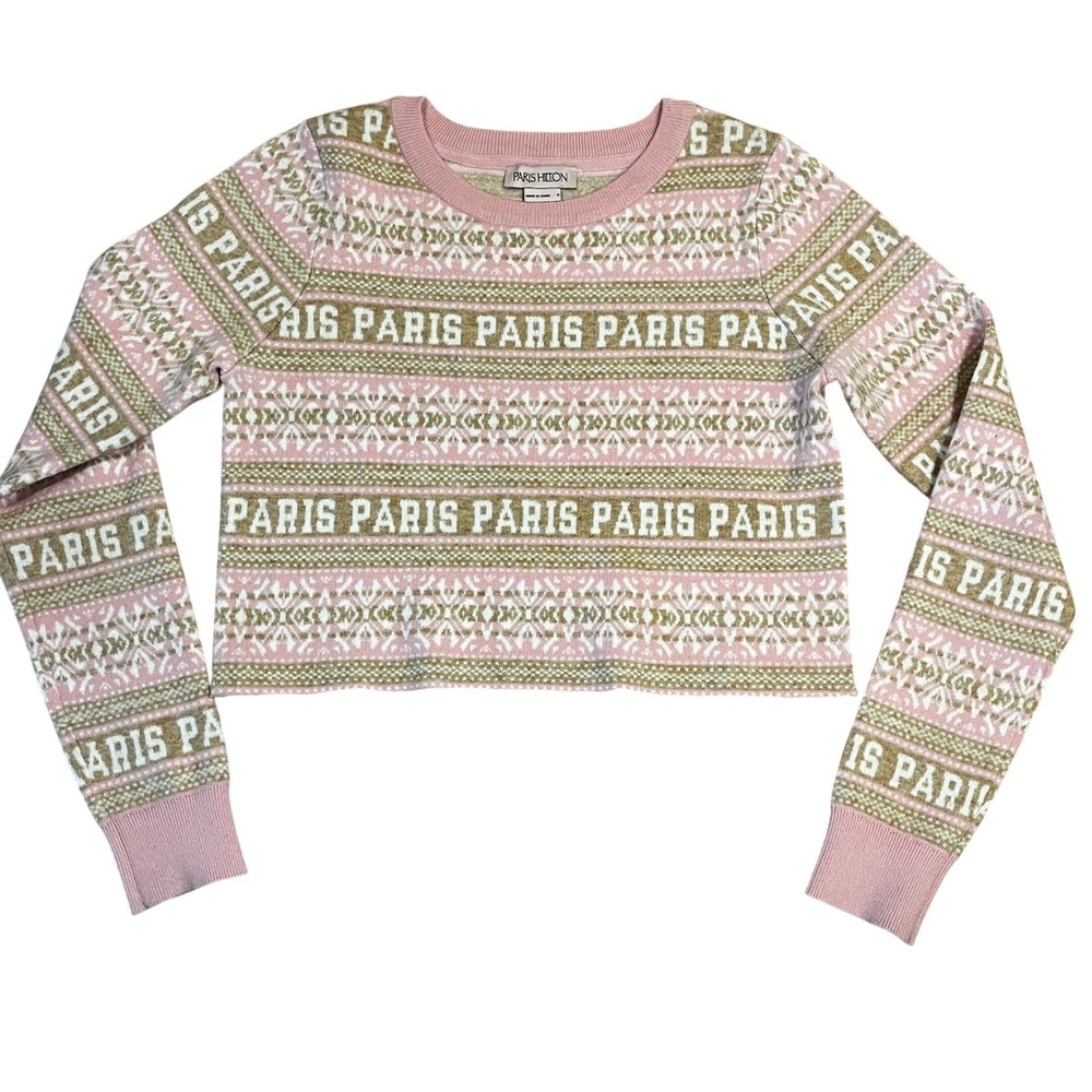 Paris‎ Hilton Pink Fair Isle Logo Cropped Sweater S Y2K Barbiecore Soft Girl